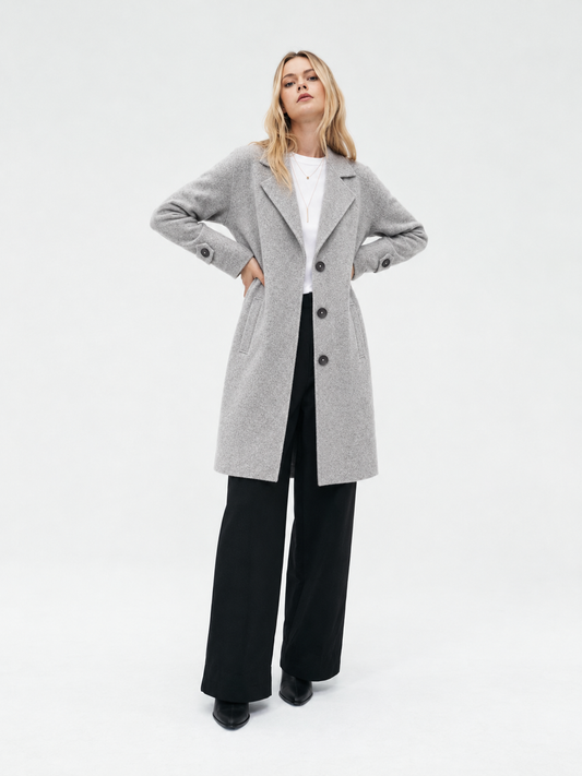 97662 grey soft wool cardigan, 93 cm, model view