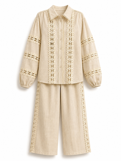 Beige outfit with lace details on a white background