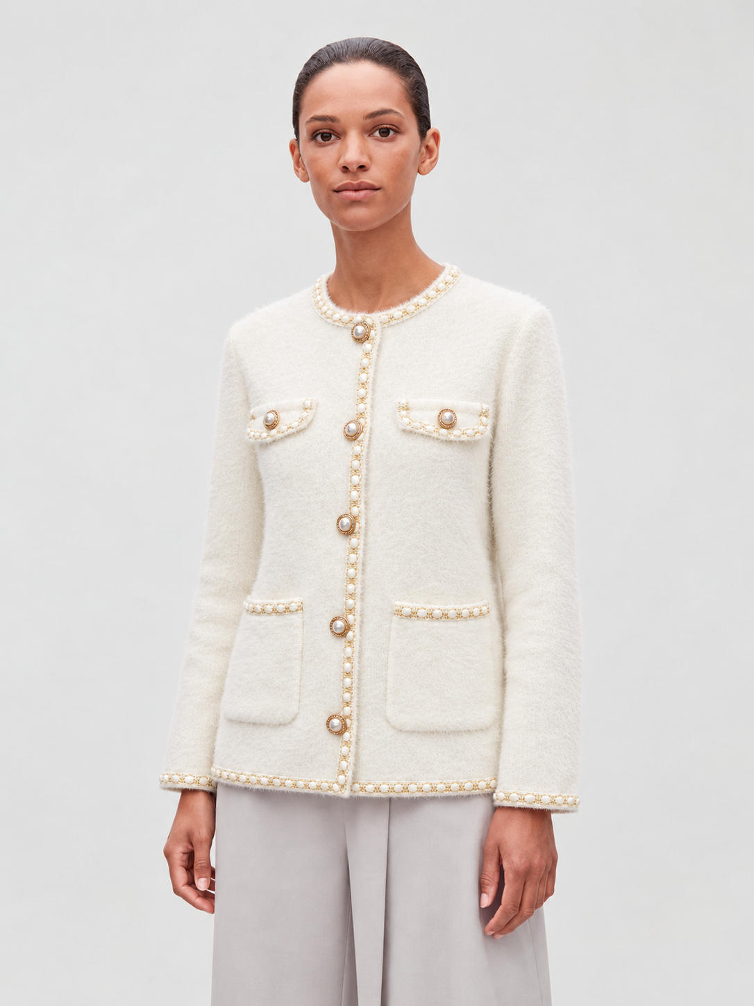 K5109 off-white cardigan model view, top length 64 cm