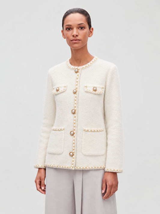 K5109 off-white cardigan model view, top length 64 cm
