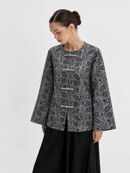 M8190 grey paisley jacket — model view