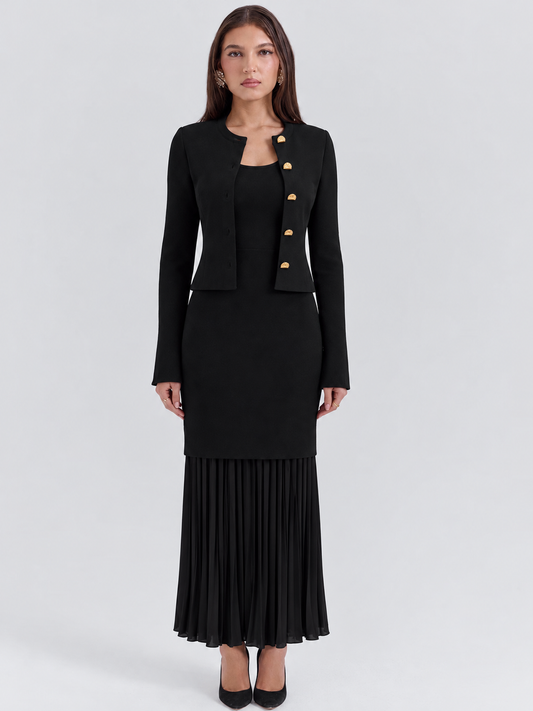 S3023 black dress and gold-button jacket model view