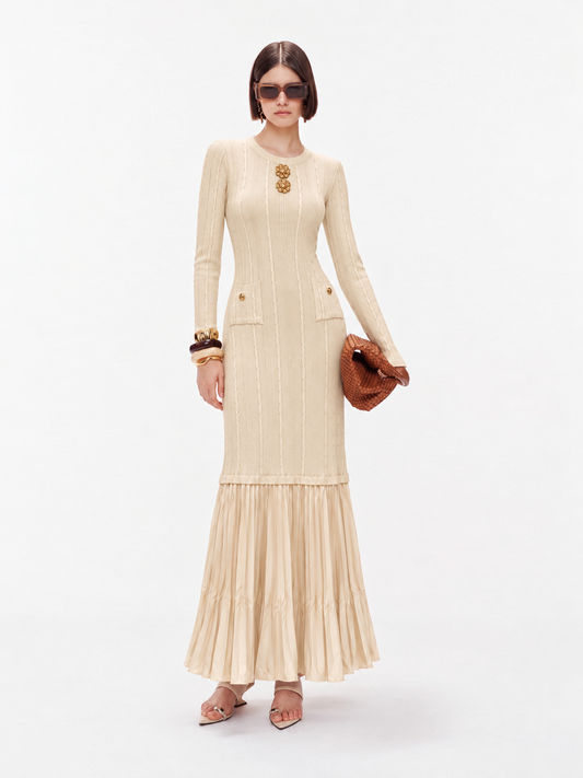 S3038 cream knit dress with gold flowers and pleated hem — model view