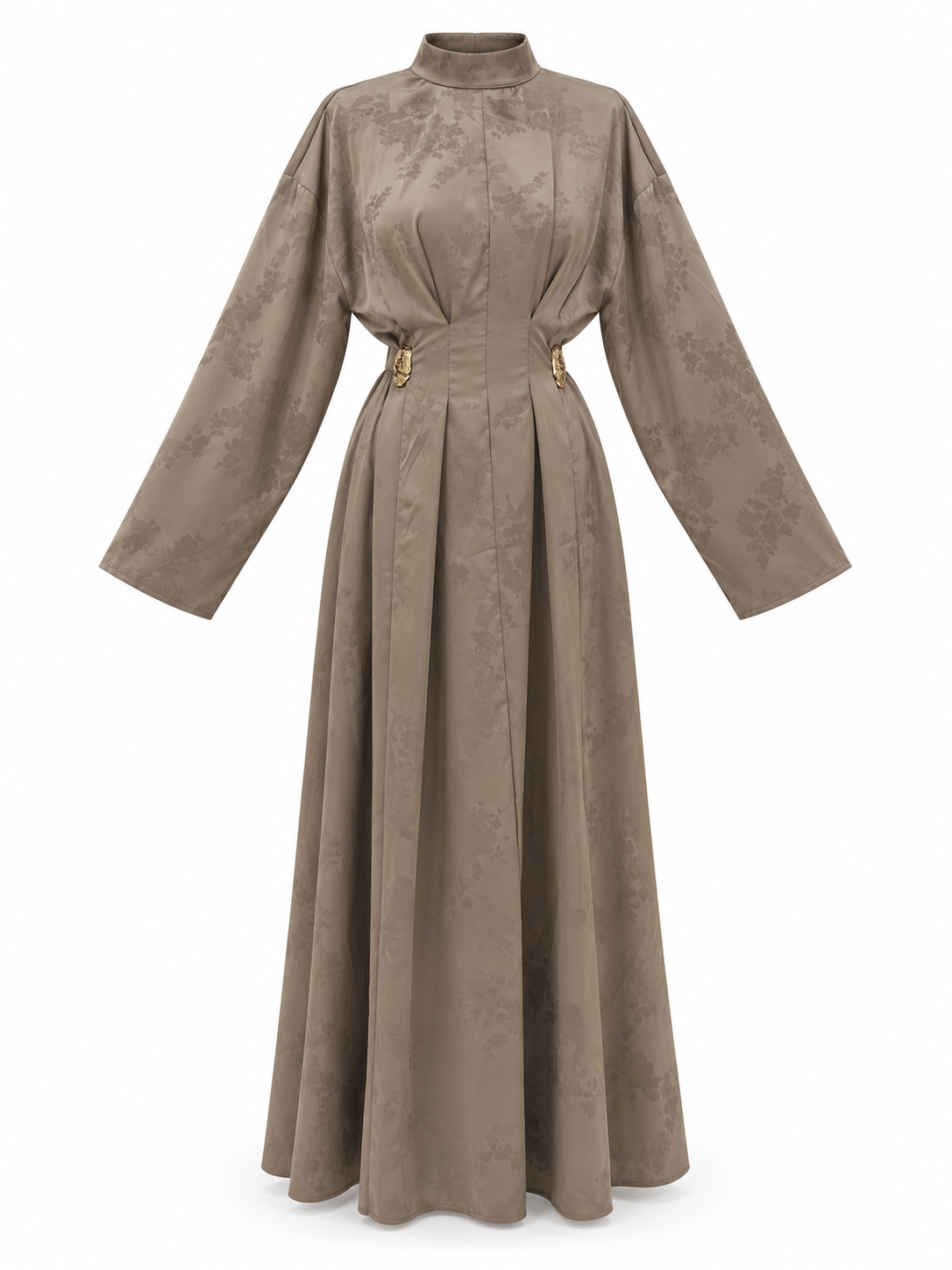 IVY 26469 taupe floral jacquard long dress, front view