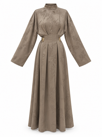 IVY 26469 taupe floral jacquard long dress, front view