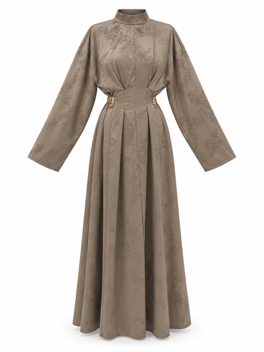 IVY 26469 taupe floral jacquard long dress, front view