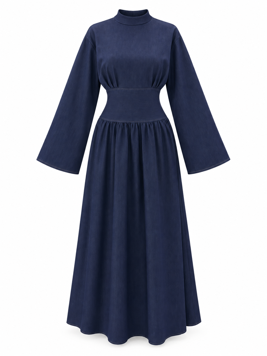Navy mock-neck long-sleeve dress with structured waist and gathered skirt on a white background