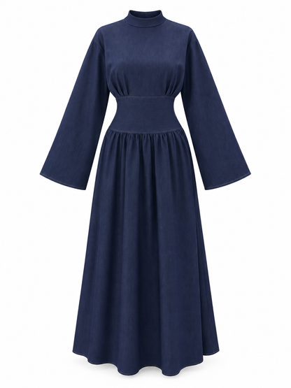 Navy mock-neck long-sleeve dress with structured waist and gathered skirt on a white background