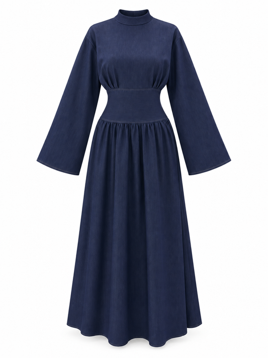 Navy mock-neck long-sleeve dress with structured waist and gathered skirt on a white background