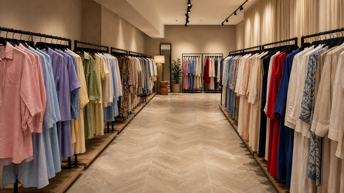 Ivy wholesale showroom in Beirut with colourful Italian collections on black rails